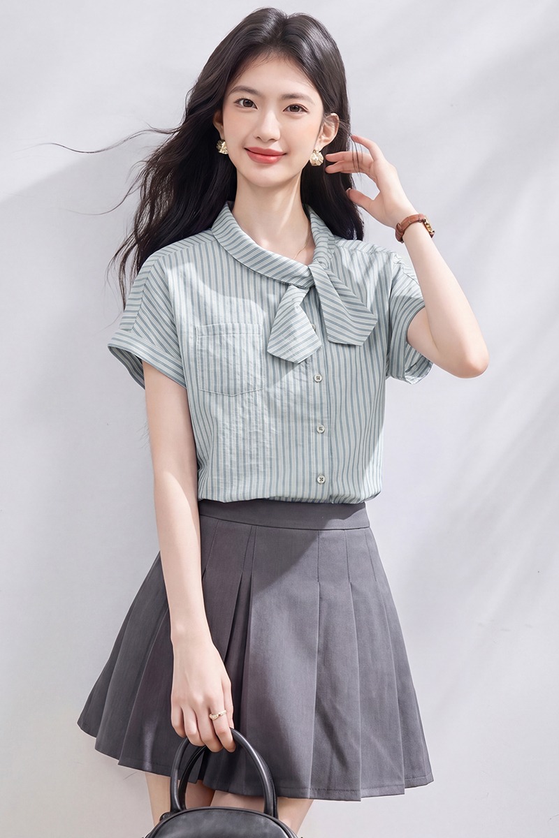 Asymmetry placket stripe small shirt retro summer shirt