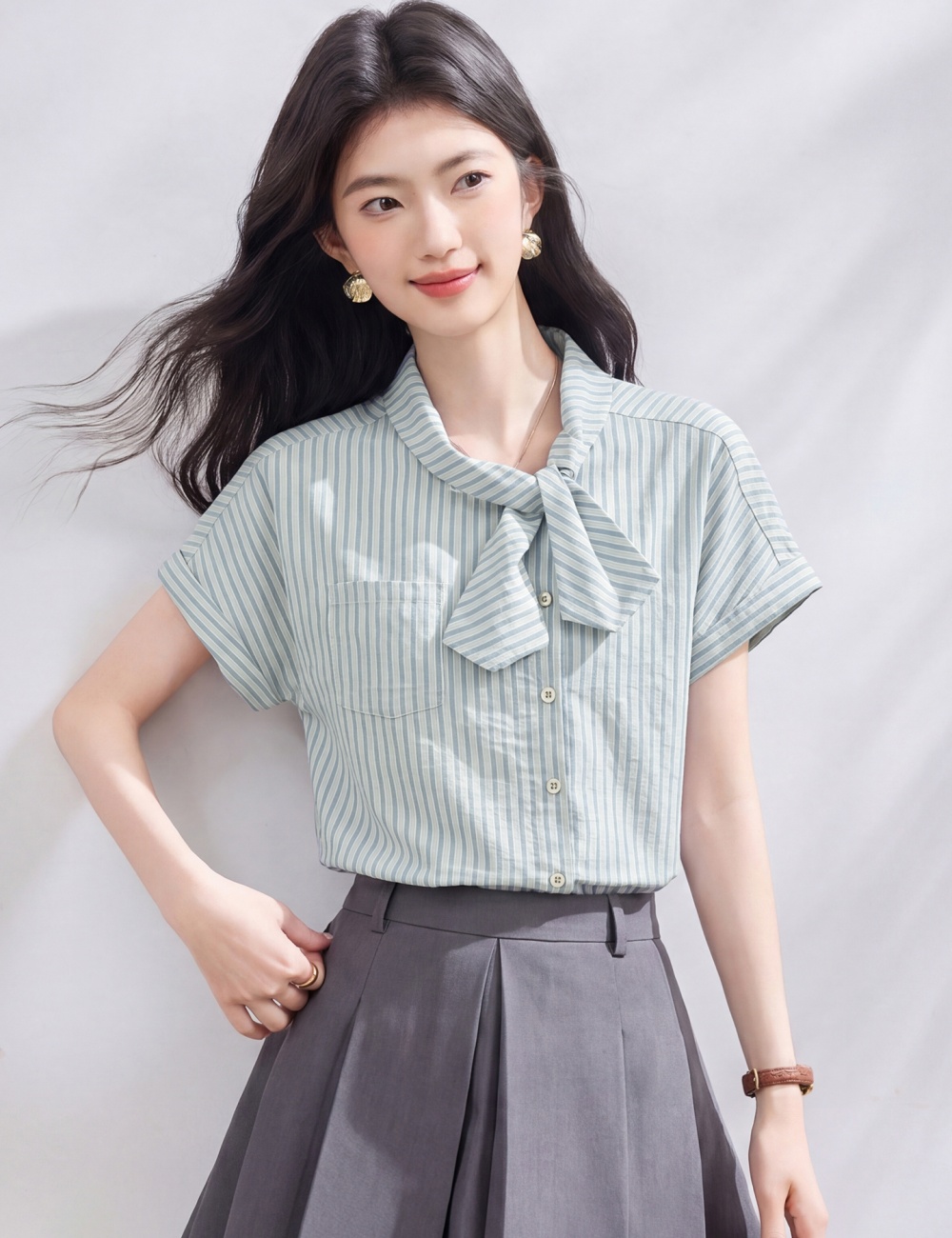 Asymmetry placket stripe small shirt retro summer shirt