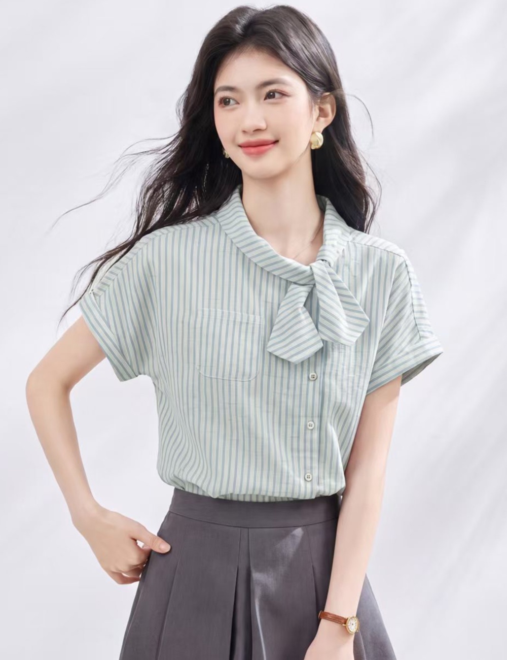 Asymmetry placket stripe small shirt retro summer shirt