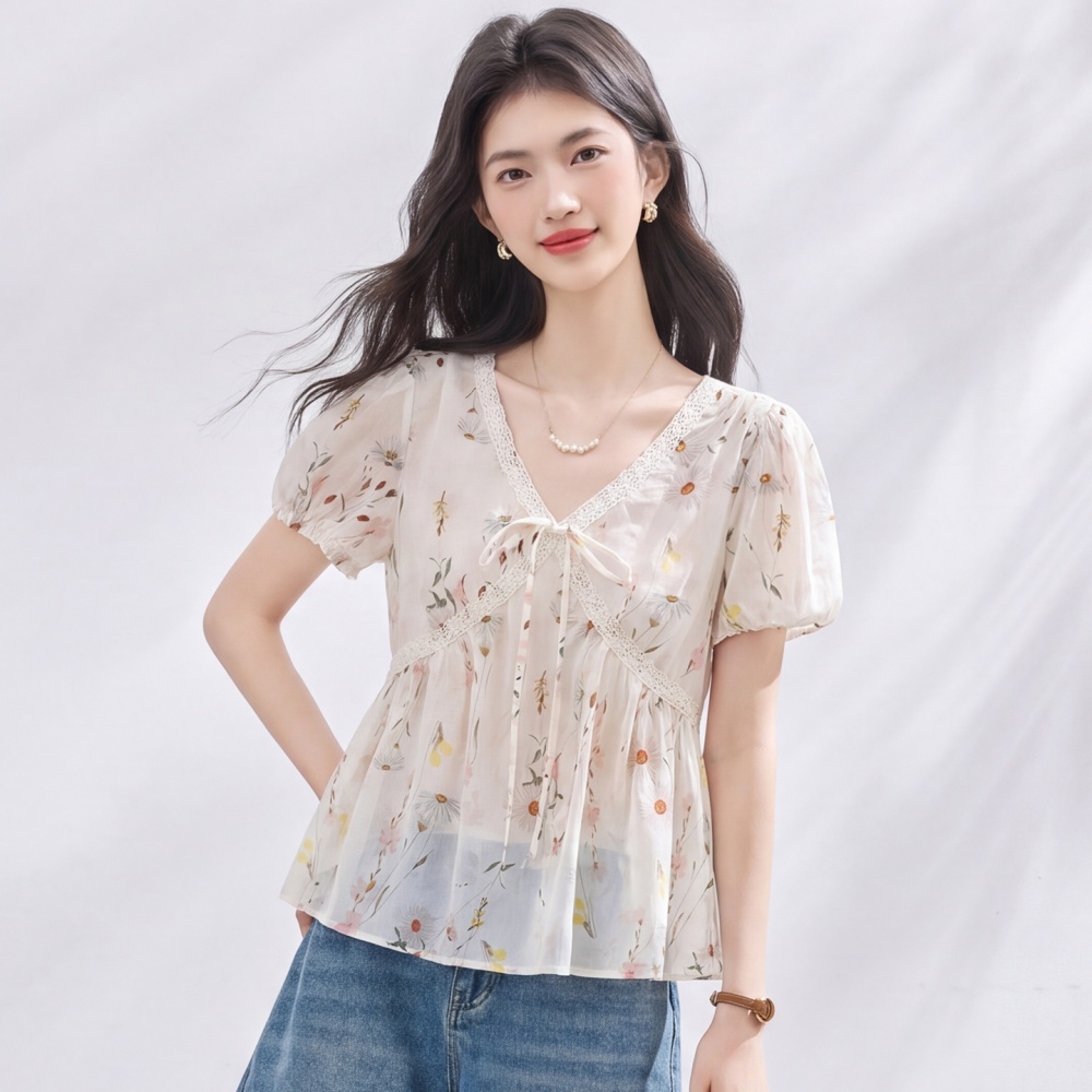 Summer floral doll shirt V-neck short tops for women