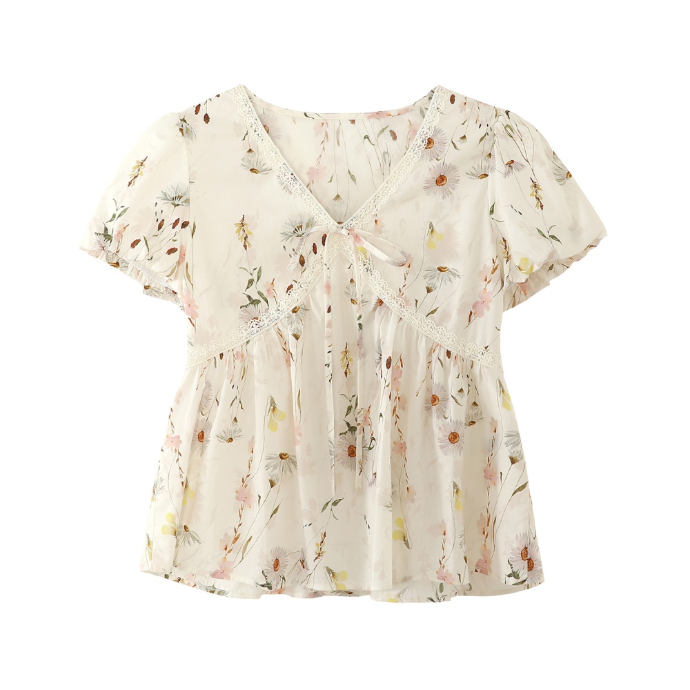 Summer floral doll shirt V-neck short tops for women