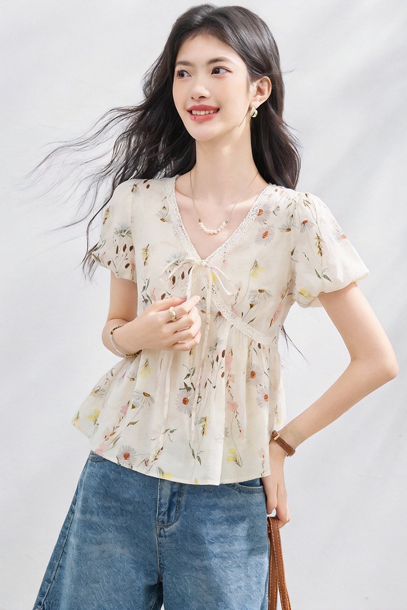 Summer floral doll shirt V-neck short tops for women