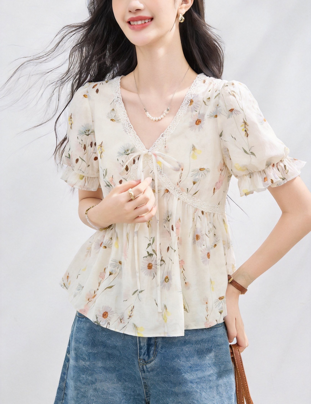 Summer floral doll shirt V-neck short tops for women