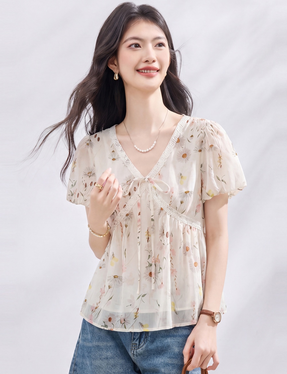 Summer floral doll shirt V-neck short tops for women