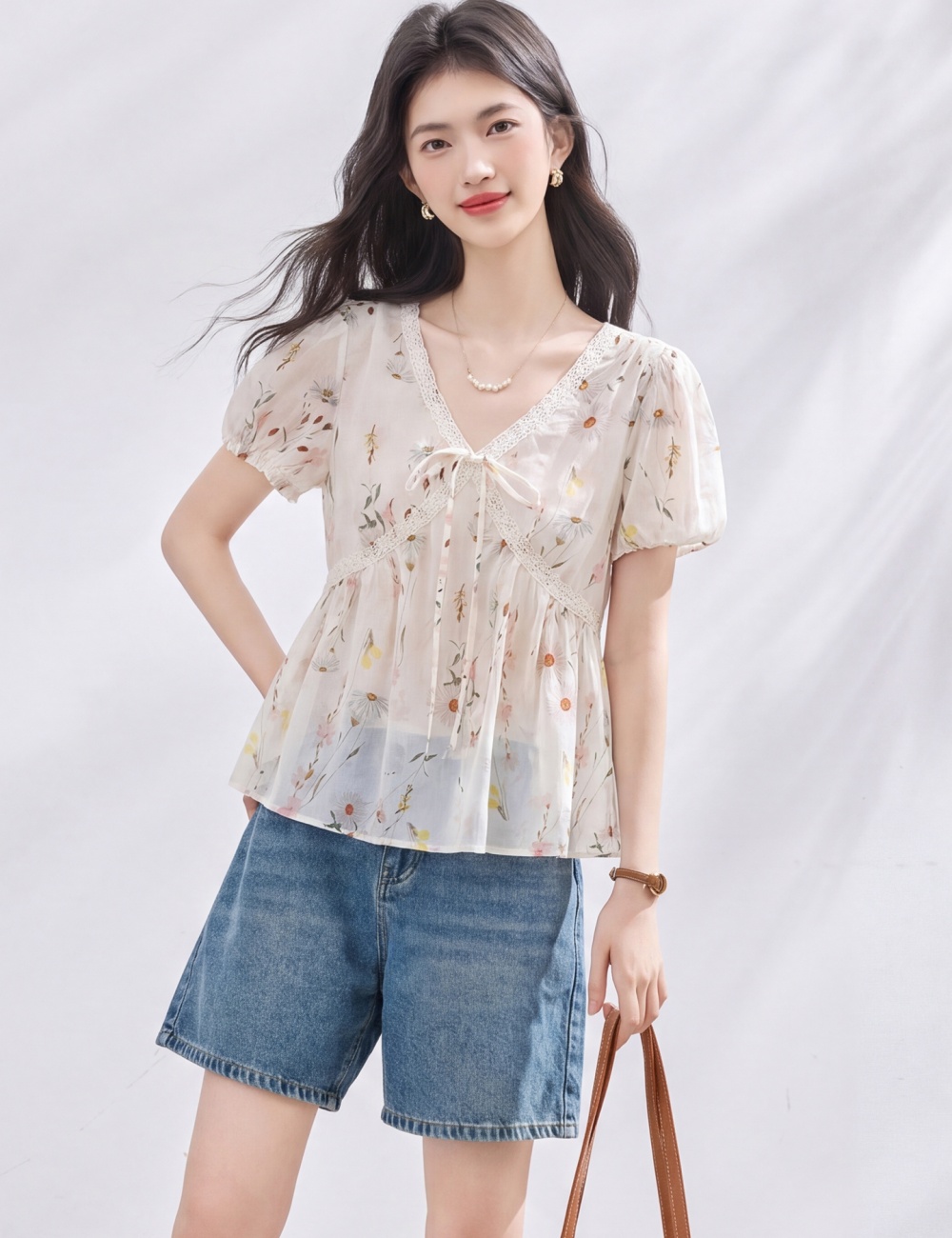 Summer floral doll shirt V-neck short tops for women