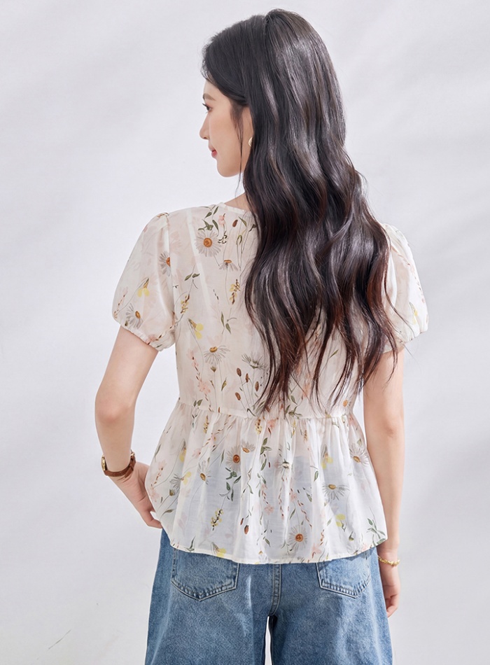 Summer floral doll shirt V-neck short tops for women