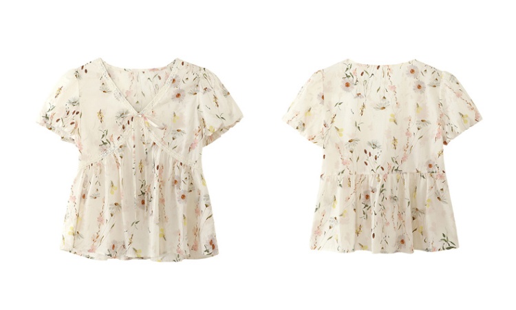 Summer floral doll shirt V-neck short tops for women