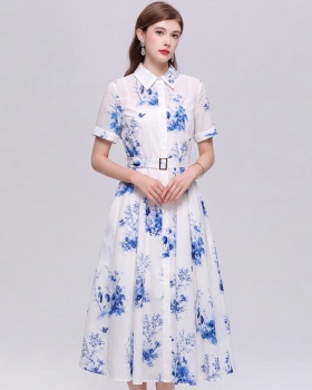 Elegant shirt collar dress with belt long dress