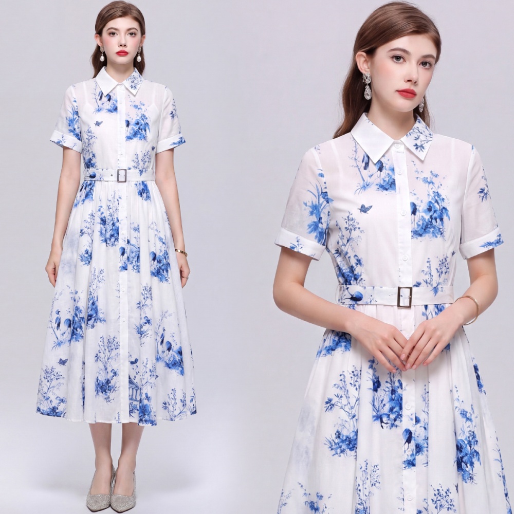 Elegant shirt collar dress with belt long dress