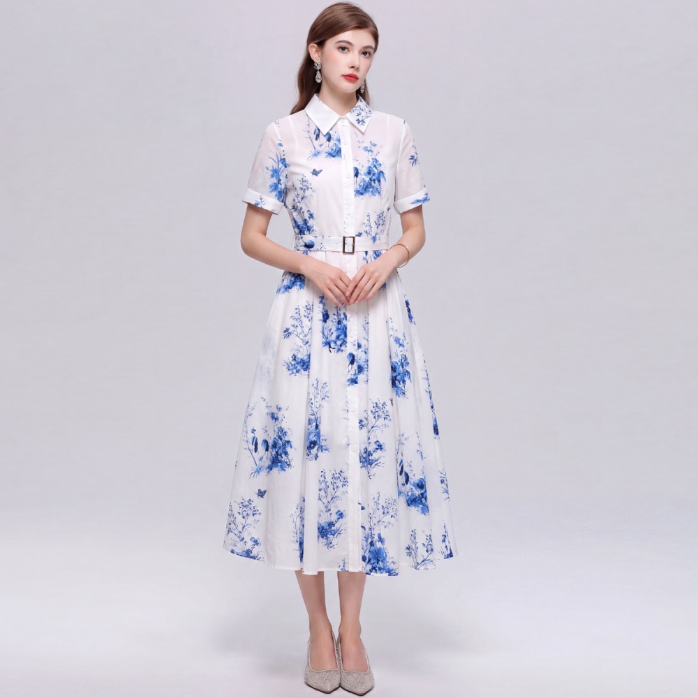 Elegant shirt collar dress with belt long dress