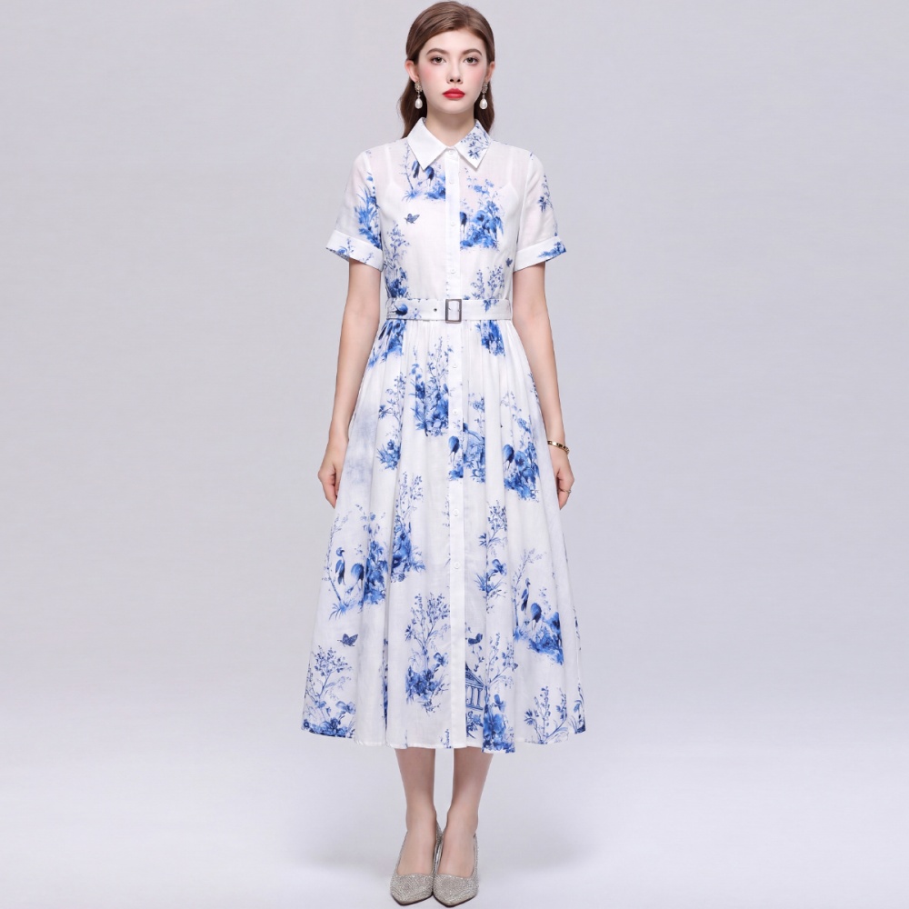Elegant shirt collar dress with belt long dress