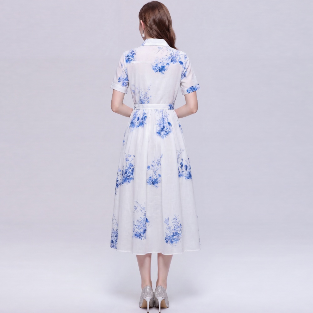 Elegant shirt collar dress with belt long dress