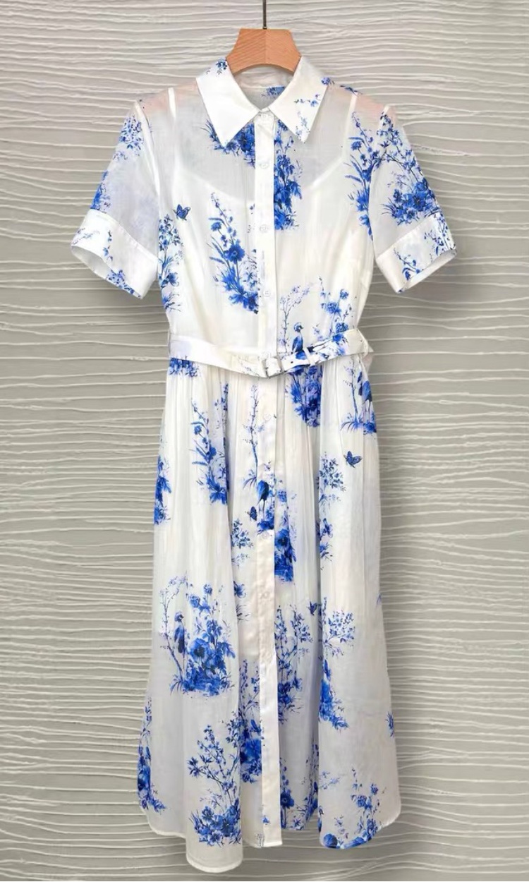 Elegant shirt collar dress with belt long dress