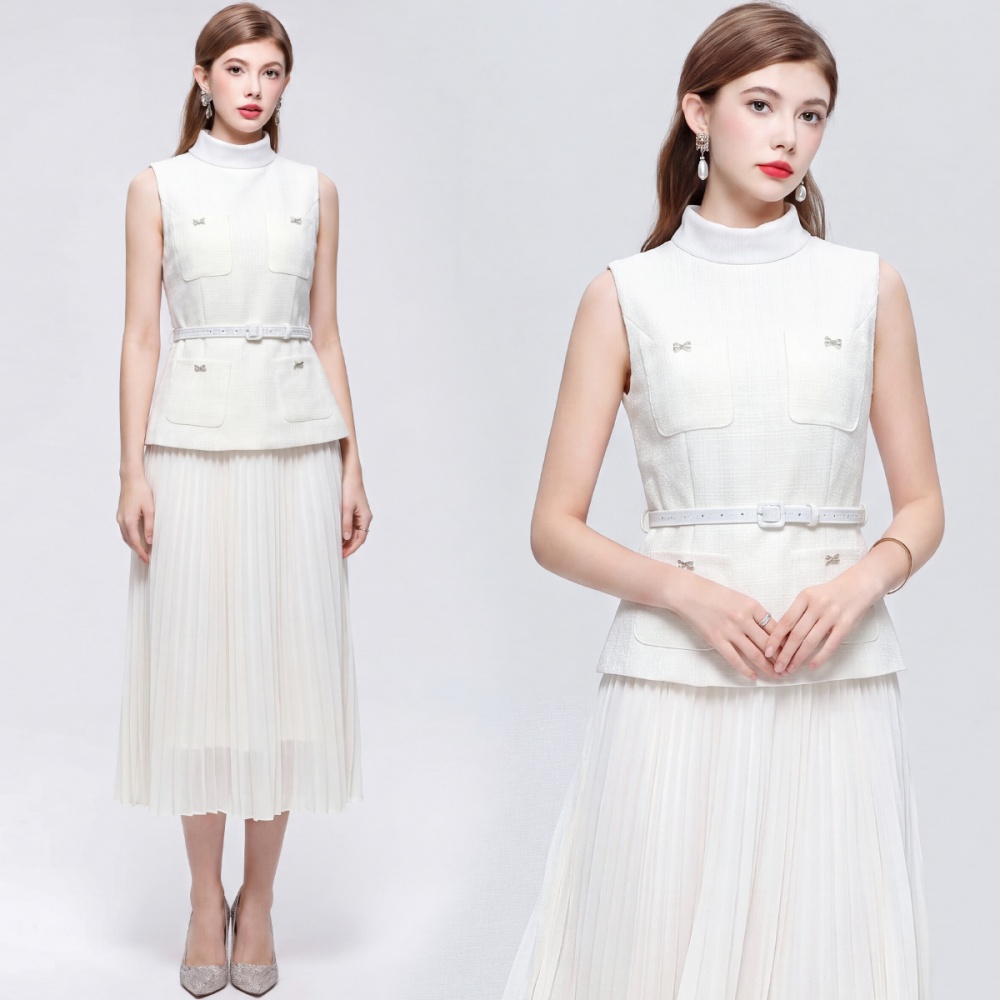 Splice cstand collar pinched waist light luxury dress