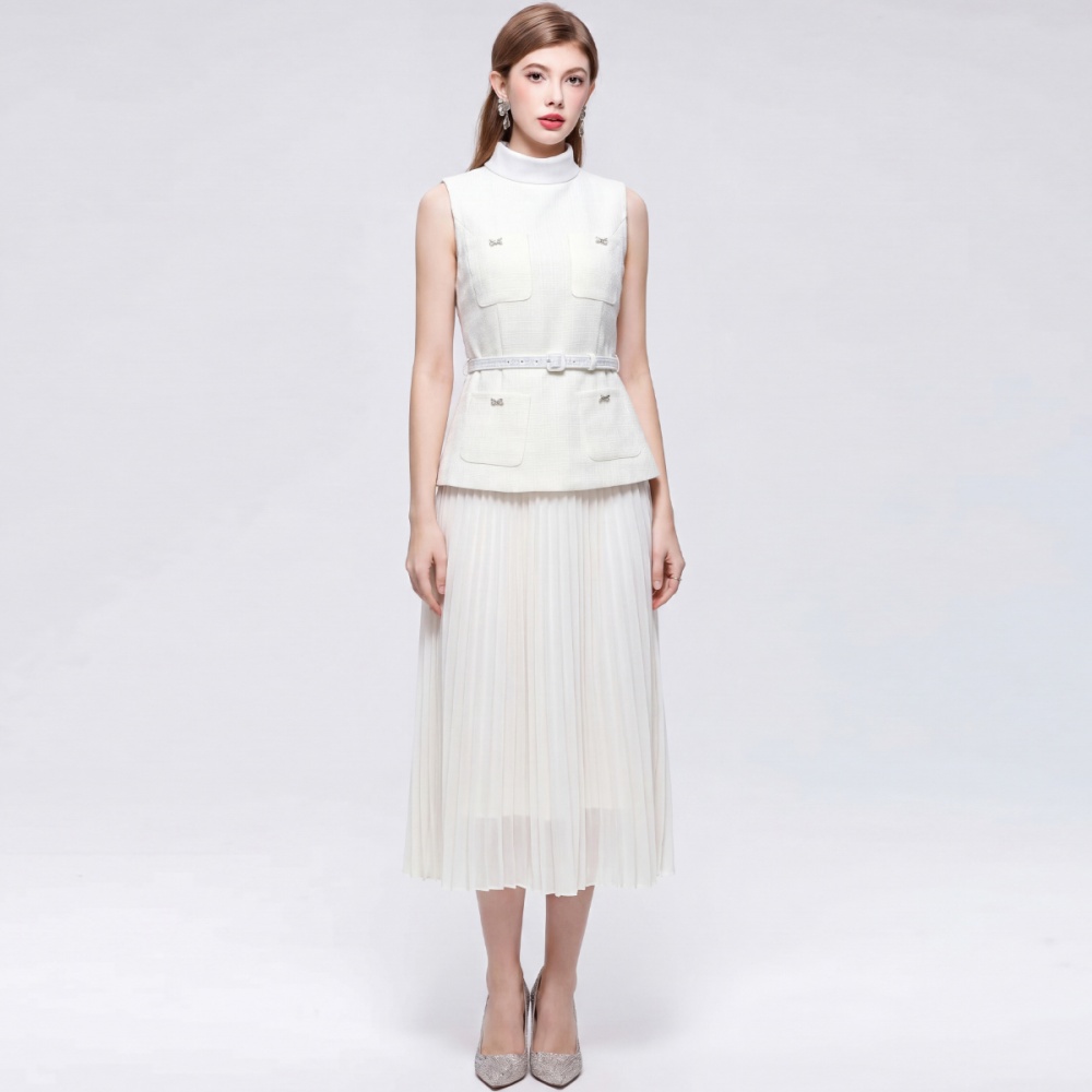 Splice cstand collar pinched waist light luxury dress