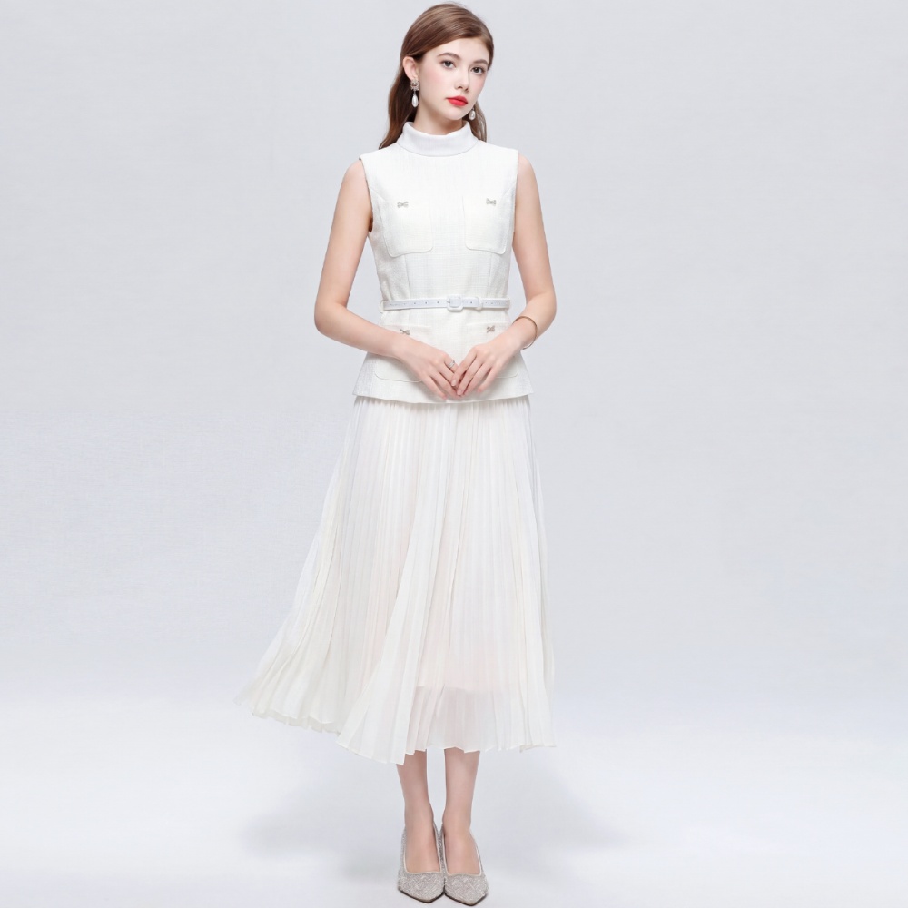 Splice cstand collar pinched waist light luxury dress