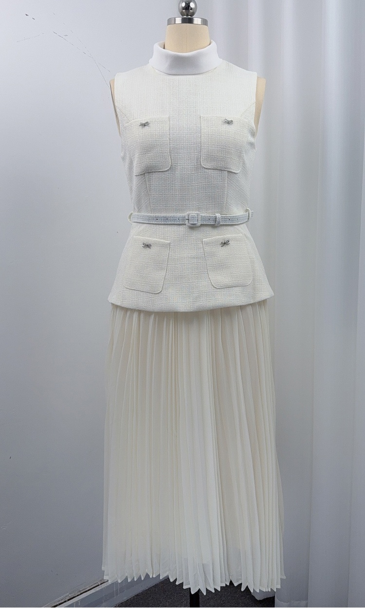 Splice cstand collar pinched waist light luxury dress