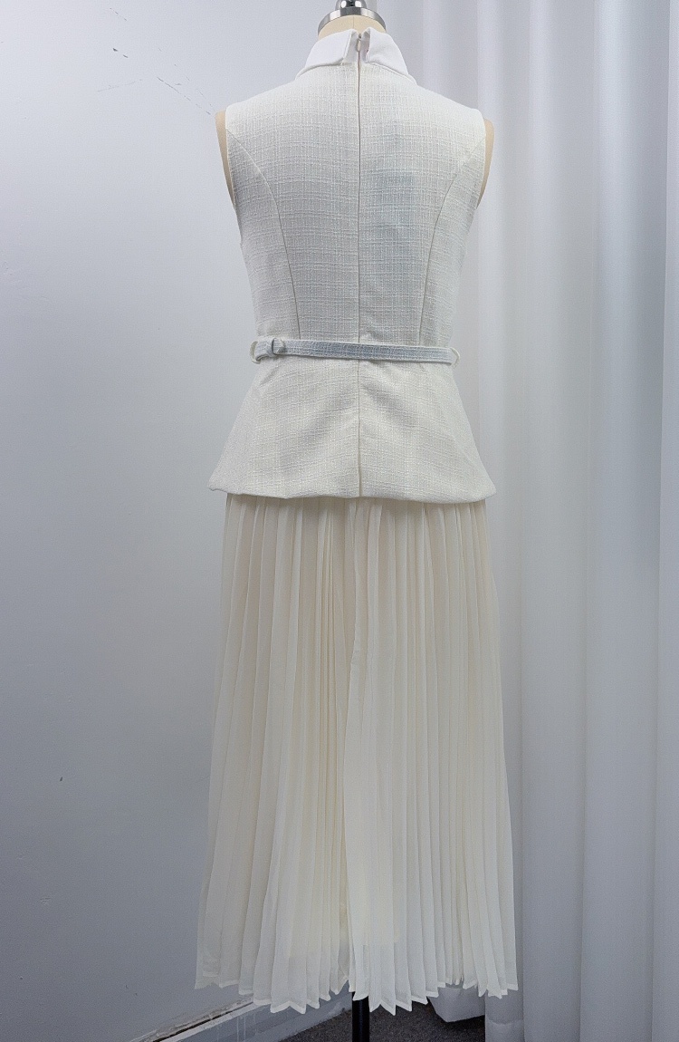 Splice cstand collar pinched waist light luxury dress