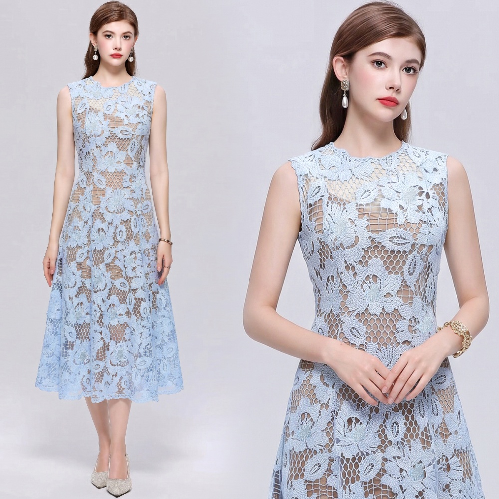 Sleeveless simple long dress hollow round neck dress