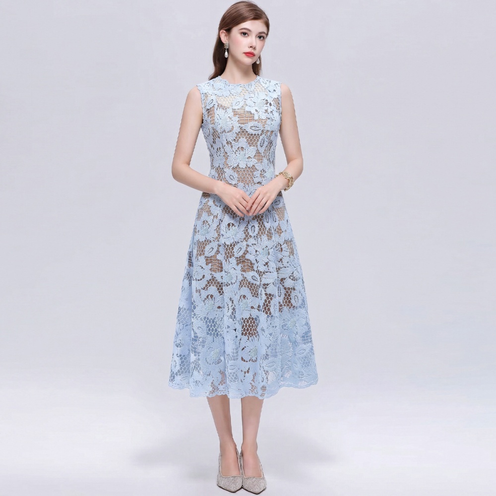 Sleeveless simple long dress hollow round neck dress