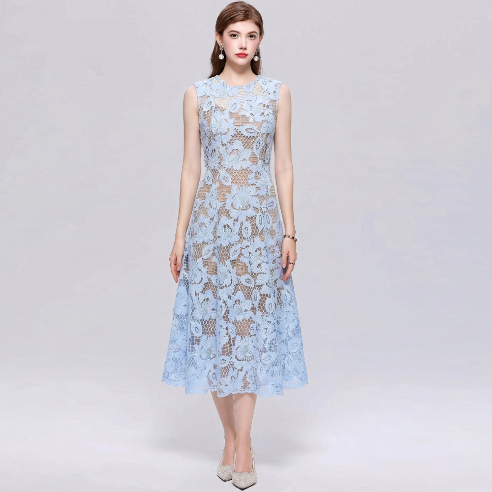 Sleeveless simple long dress hollow round neck dress