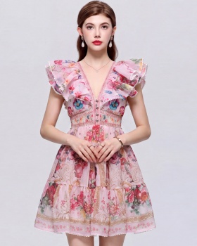Floral slim T-back vacation pinched waist dress