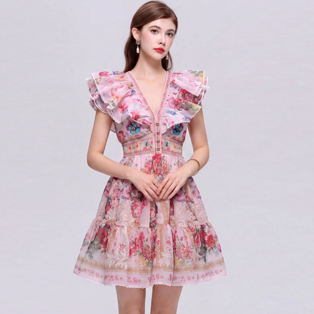 Floral slim T-back vacation pinched waist dress