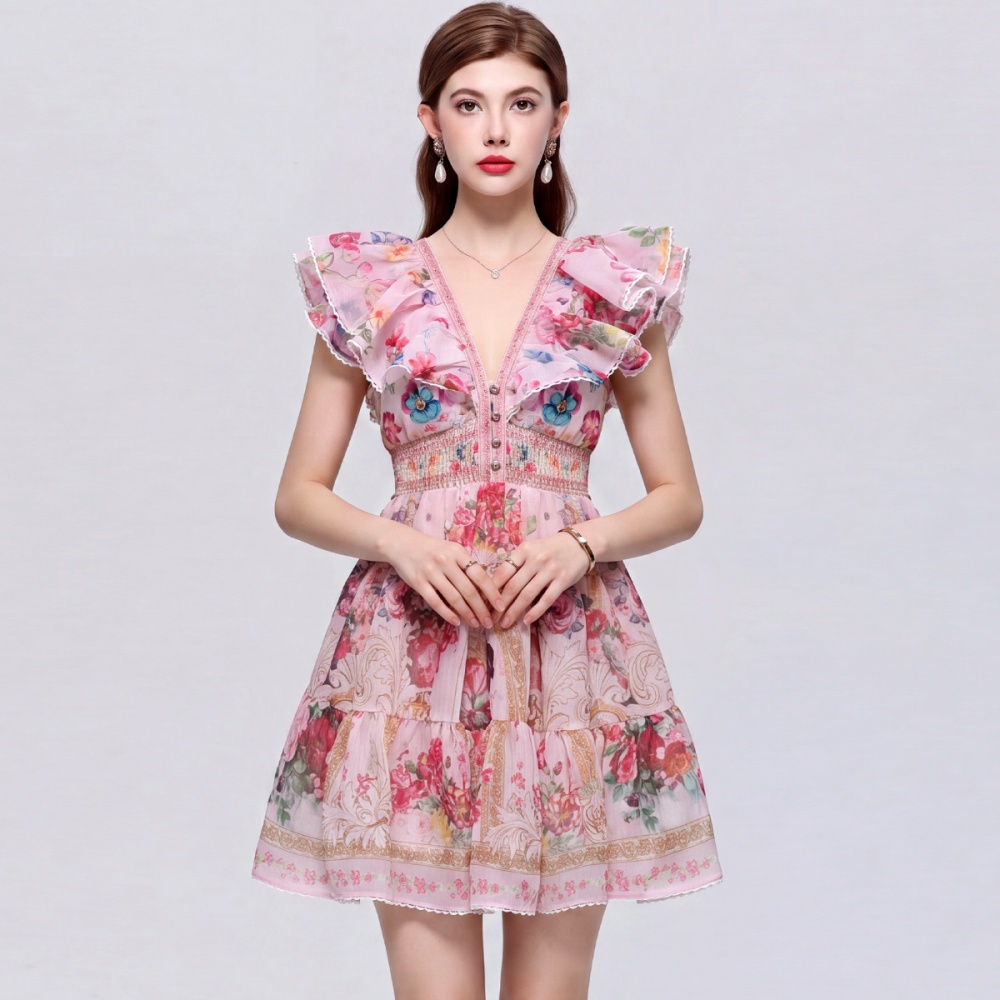 Floral slim T-back vacation pinched waist dress