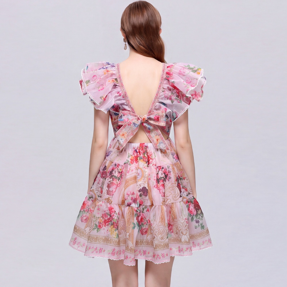 Floral slim T-back vacation pinched waist dress