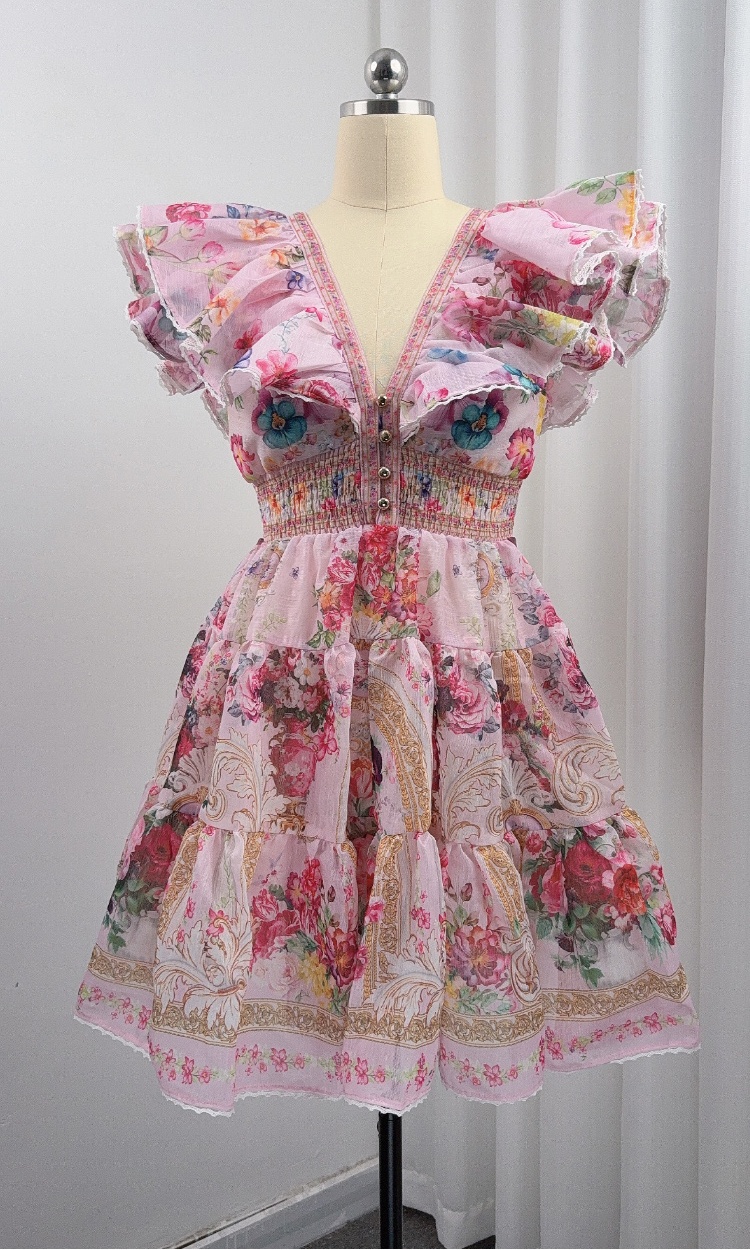 Floral slim T-back vacation pinched waist dress