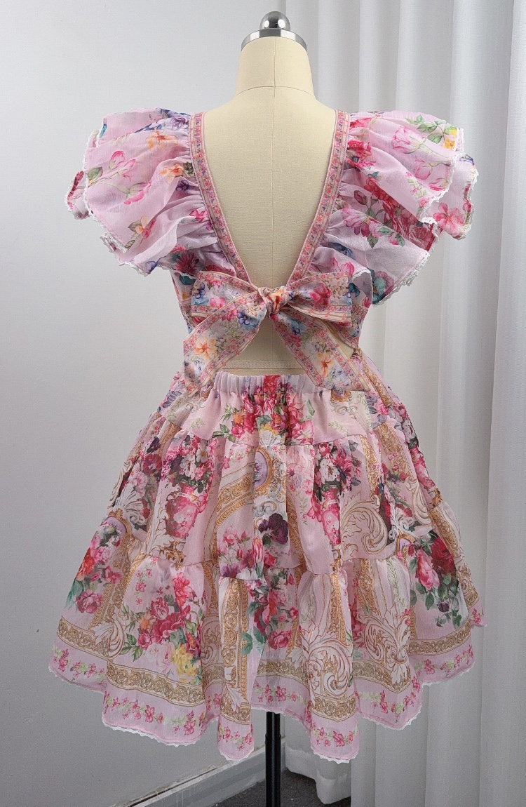 Floral slim T-back vacation pinched waist dress
