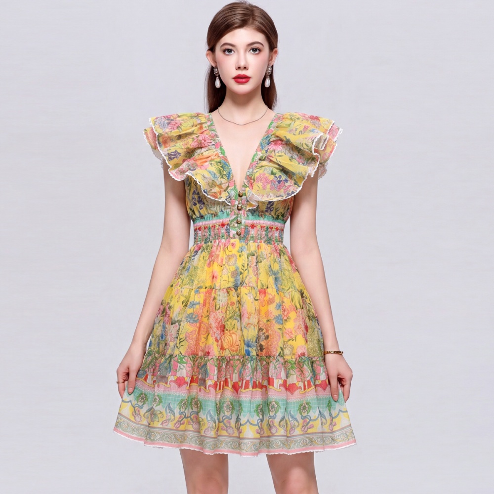 Vacation lotus sleeve dress V-neck temperament T-back