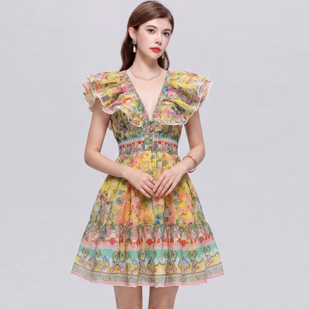 Vacation lotus sleeve dress V-neck temperament T-back