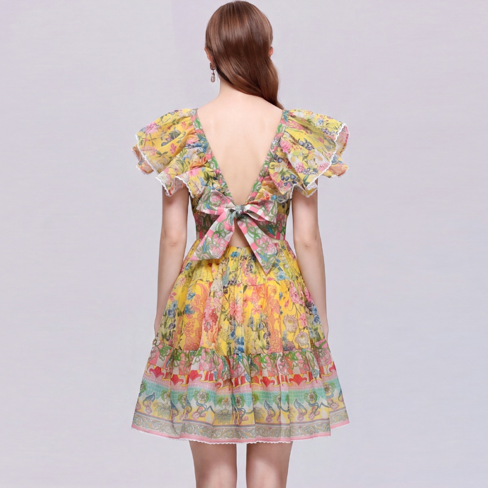 Vacation lotus sleeve dress V-neck temperament T-back