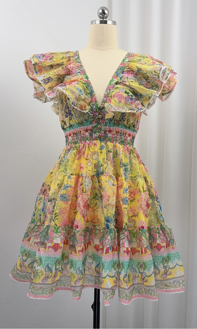 Vacation lotus sleeve dress V-neck temperament T-back