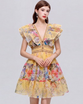 Pinched waist lotus sleeve dress vacation slim T-back