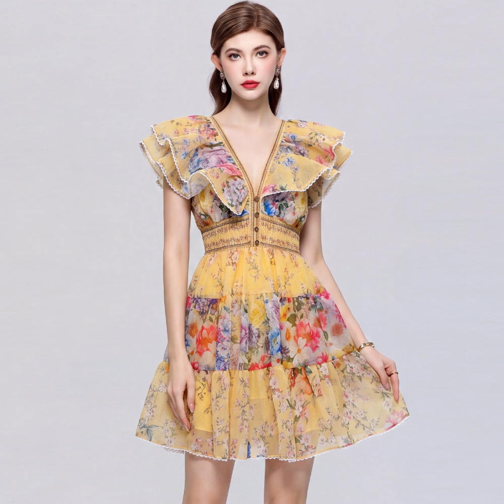 Pinched waist lotus sleeve dress vacation slim T-back