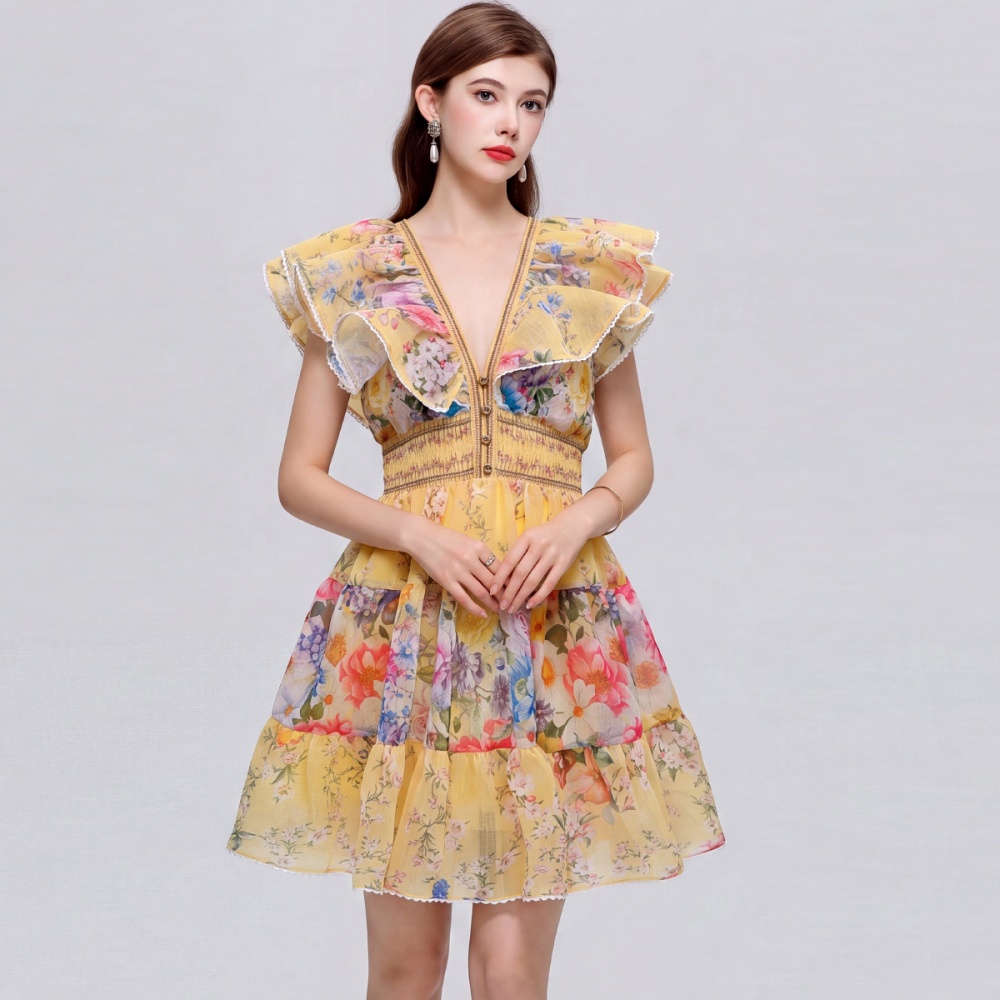 Pinched waist lotus sleeve dress vacation slim T-back