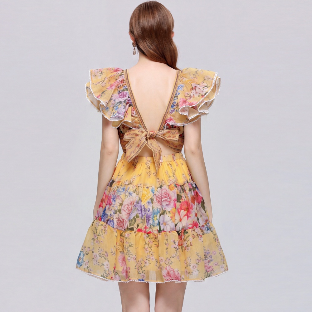 Pinched waist lotus sleeve dress vacation slim T-back