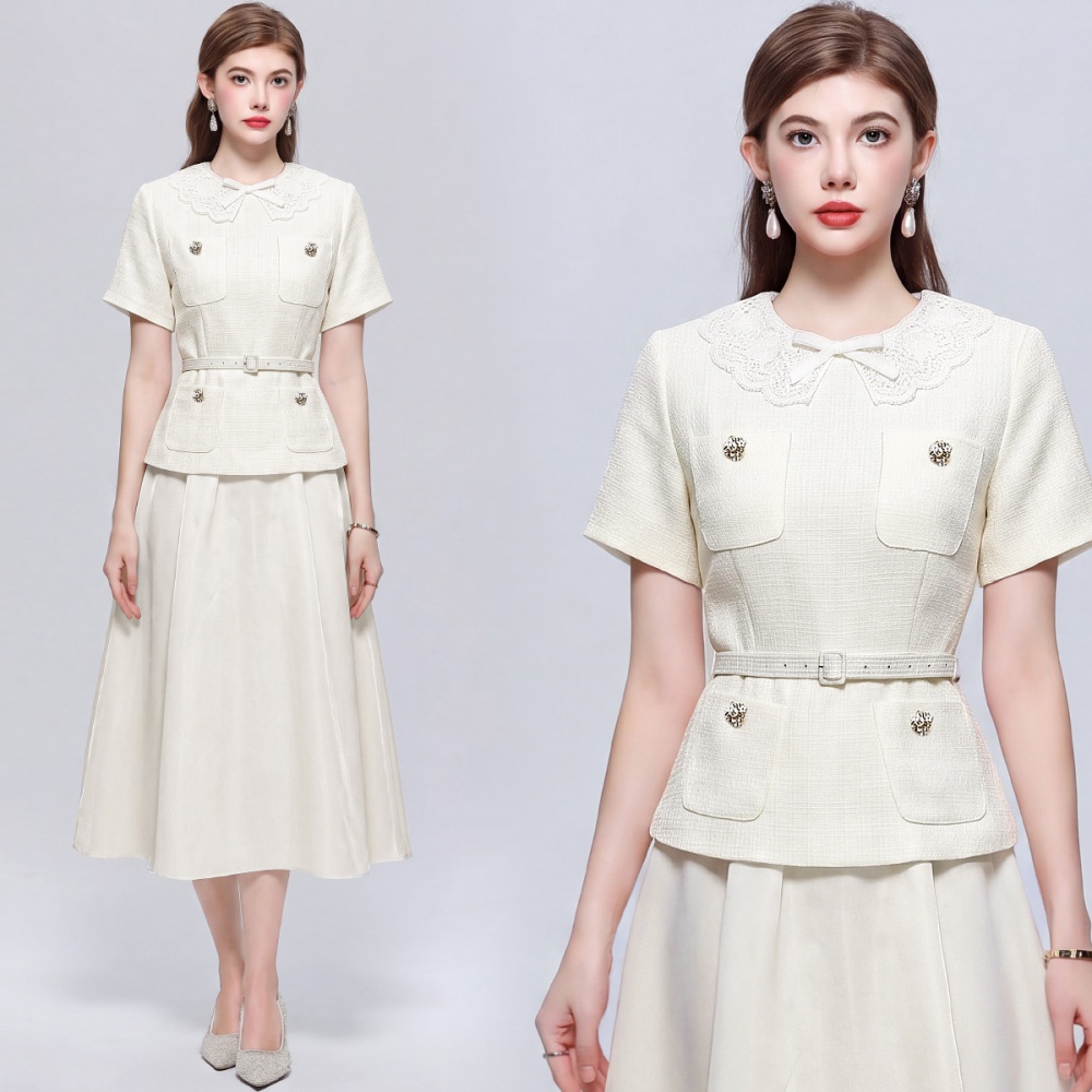 Round neck apricot France style Pseudo-two with belt dress