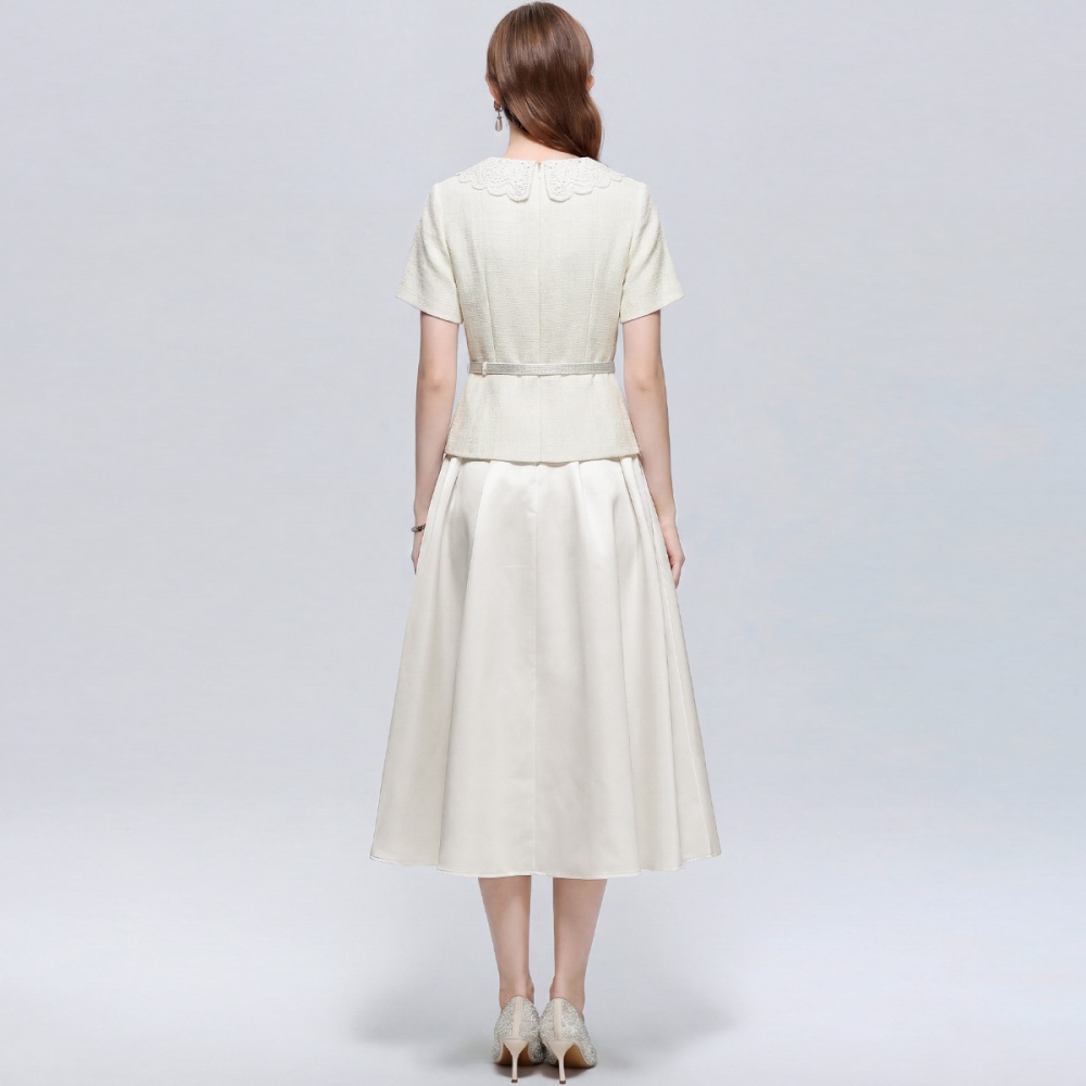 Round neck apricot France style Pseudo-two with belt dress