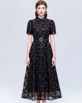 Short sleeve A-line slim lapel big skirt dress