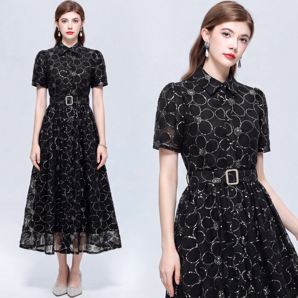 Short sleeve A-line slim lapel big skirt dress