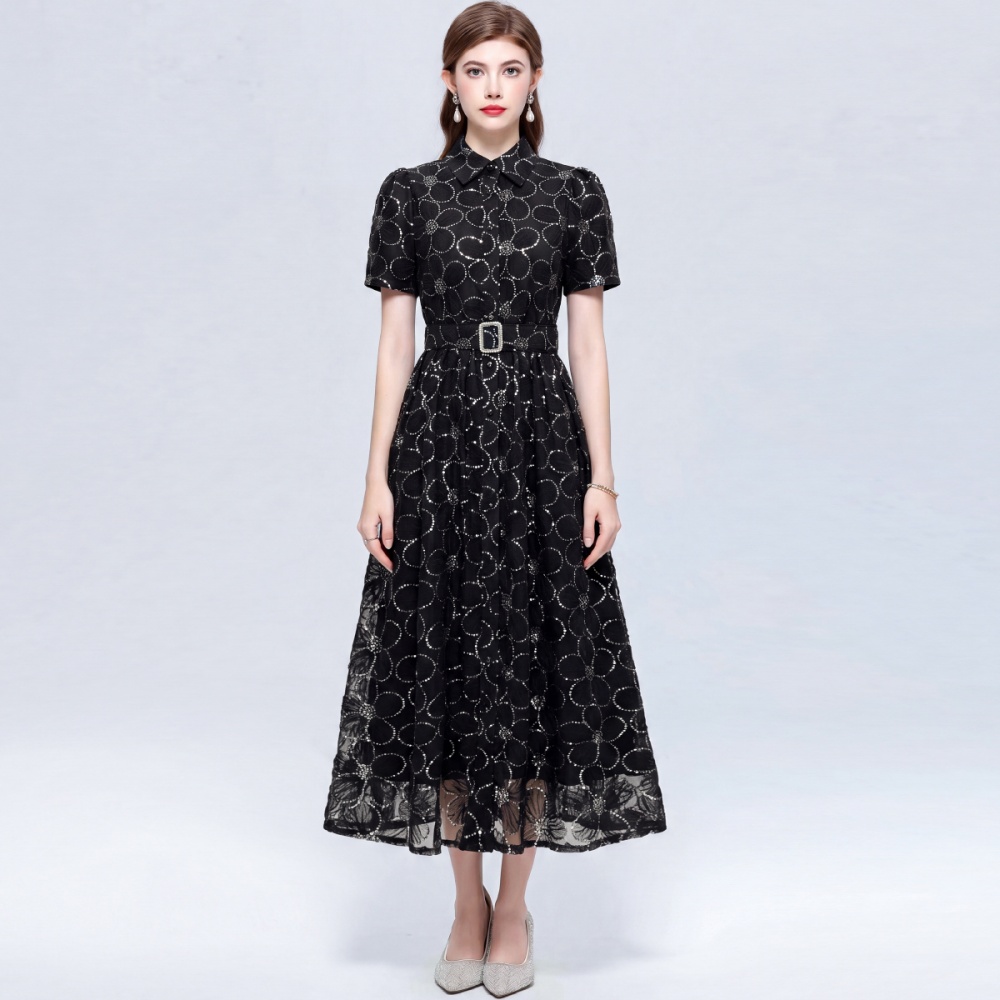 Short sleeve A-line slim lapel big skirt dress