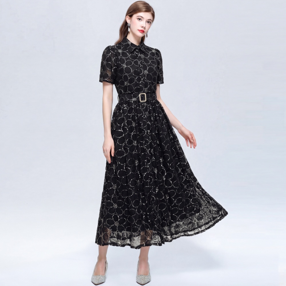Short sleeve A-line slim lapel big skirt dress