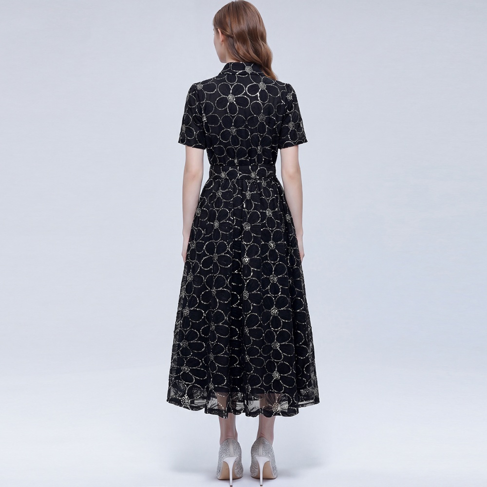 Short sleeve A-line slim lapel big skirt dress