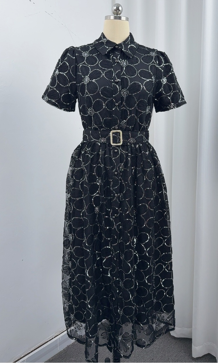 Short sleeve A-line slim lapel big skirt dress