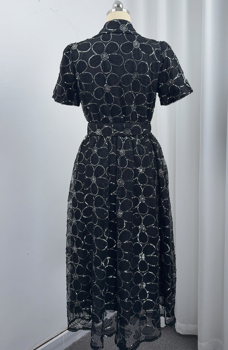 Short sleeve A-line slim lapel big skirt dress