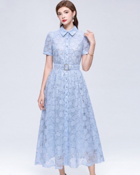 Tender short sleeve A-line big skirt single-breasted lapel dress