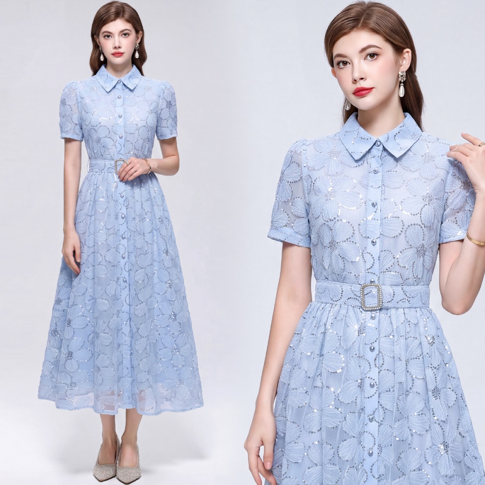 Tender short sleeve A-line big skirt single-breasted lapel dress